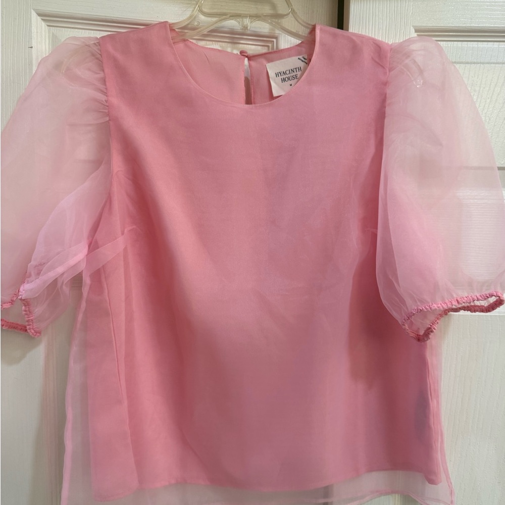 Hyacinth House Tuckernuck Pink Sheer Puff Sleeve Blouse M